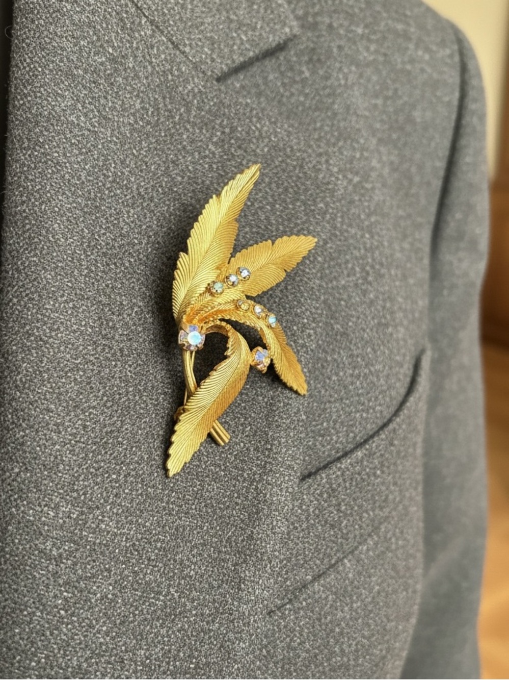 Vintage Gold Leaf Rhinestone Accent Brooch
